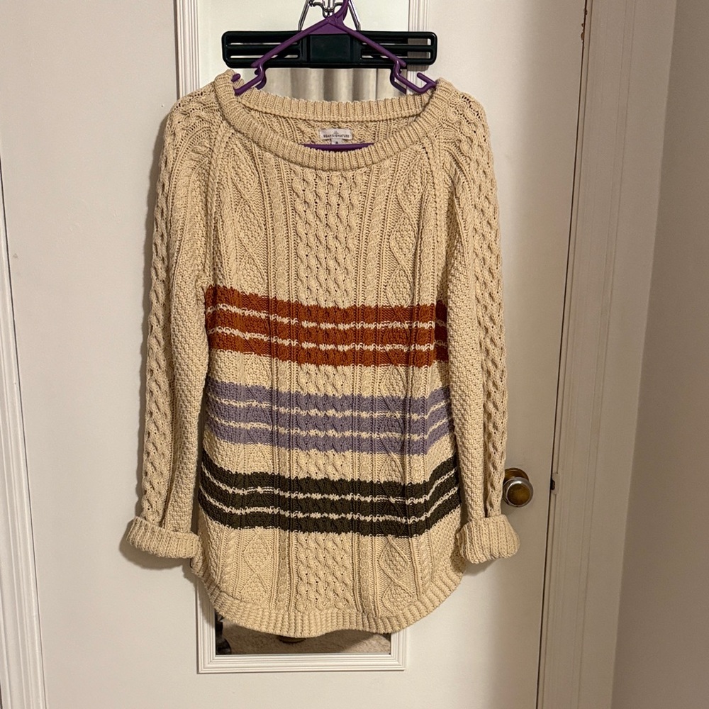 L.L. Bean Cream Cable-Knit Sweater with Rust, Lavender, and Olive Stripes